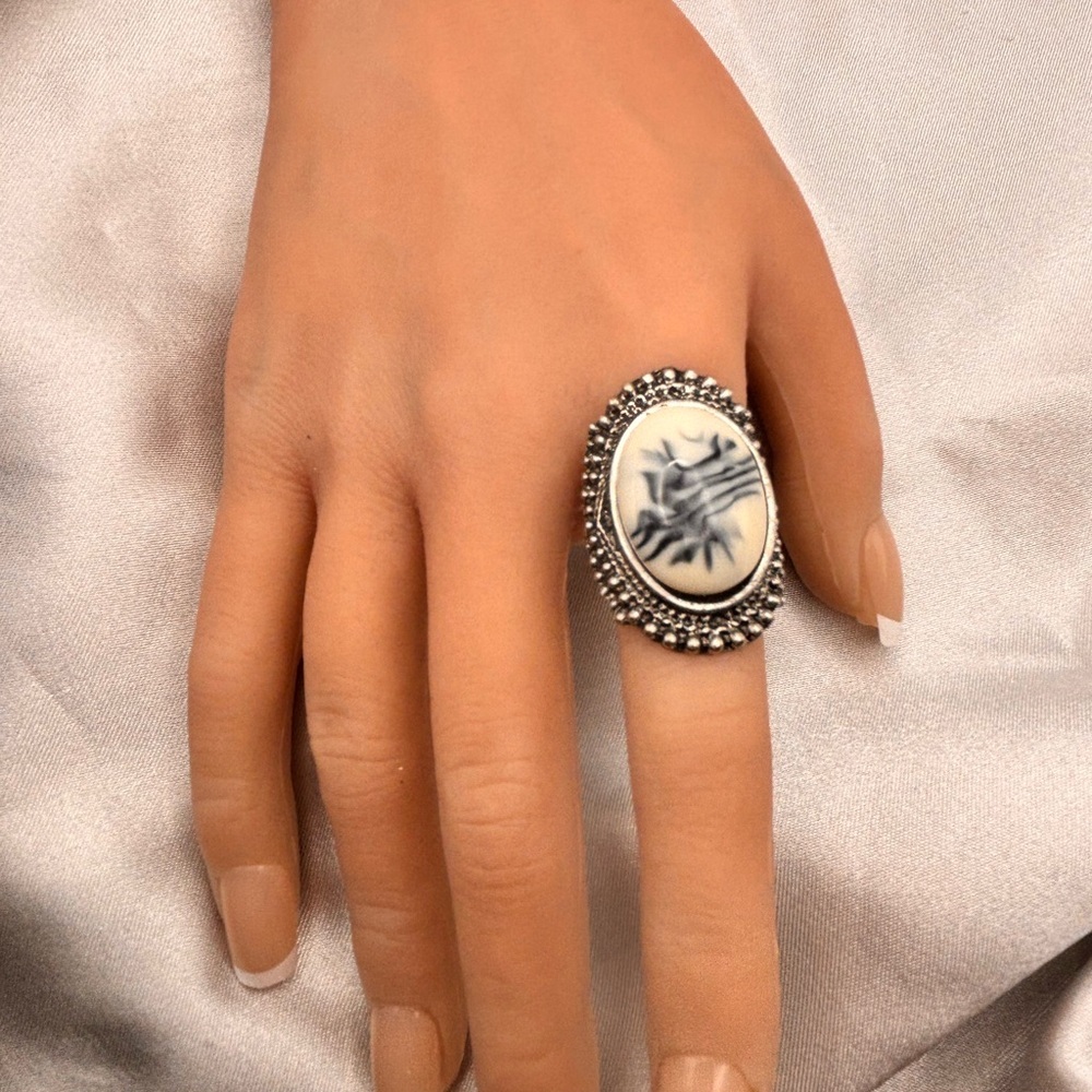 Silver-Tone Dendritic Agate Statement Ring - Picture 4 of 14